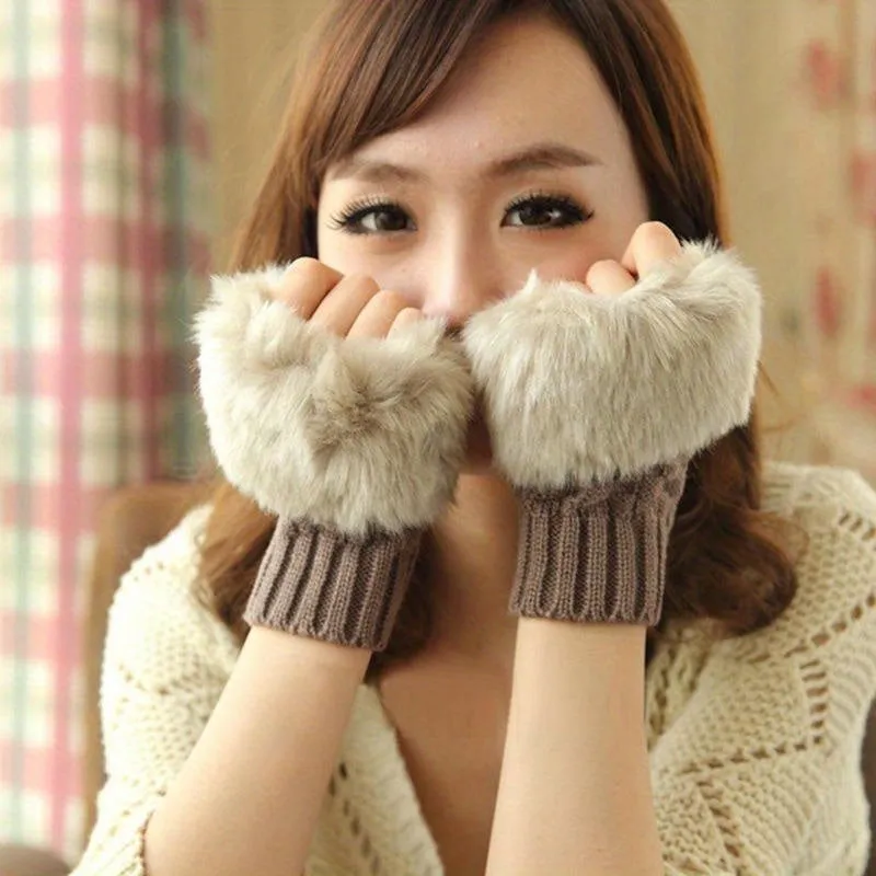 1 Pair Autumn And Winter Warm Gloves, Ladies Half Finger Gloves, Knitted Gloves With Thick Plush Open Finger Touch Screen Gloves