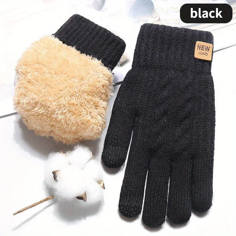 1 Pair Winter Thickened Gloves, Double Layer Velvet Touch Screen Gloves, Windproof Knitted Gloves For Outdoor Cycling Running