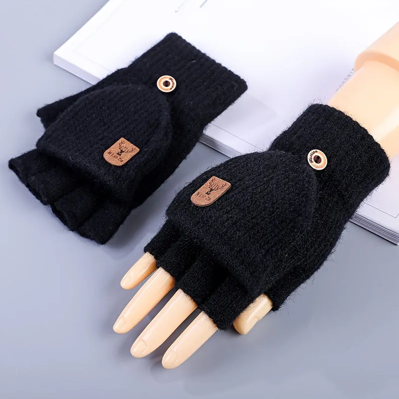 1pair Knitted Half Finger Gloves Winter Thicken Warm Touch Screen Gloves For Men Women