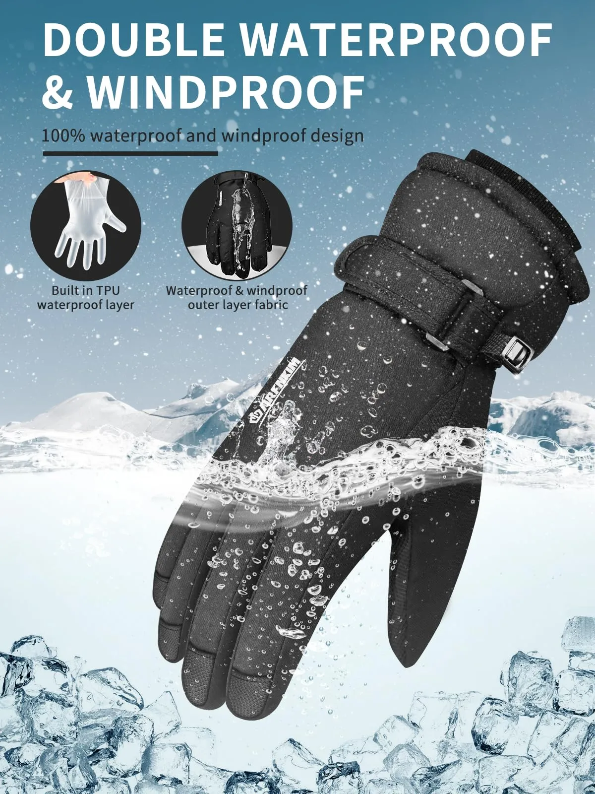 ARFNKIM Waterproof Winter Gloves with Fleece Lining, -20℉ Coldproof Touch Screen Men Women Thermal Ski Gloves for Outdoor Sports (Black, M)