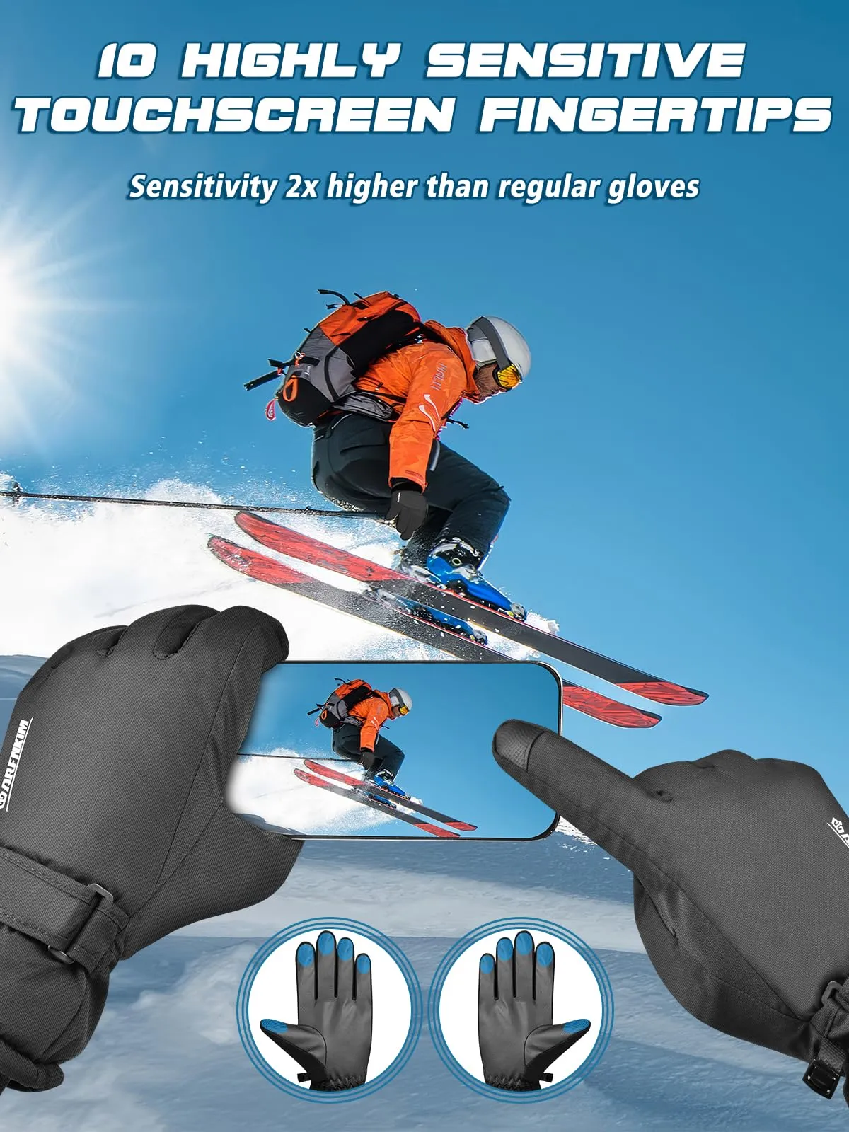 ARFNKIM Waterproof Winter Gloves with Fleece Lining, -20℉ Coldproof Touch Screen Men Women Thermal Ski Gloves for Outdoor Sports (Black, M)