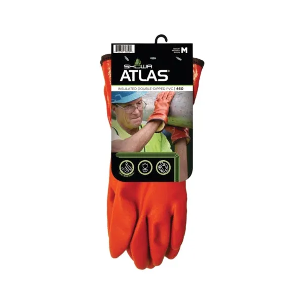 ATLAS 460M-08.RT Insulated Coated Gloves, M, 11-13/16 in L, Gauntlet Cuff, PVC Glove, Orange