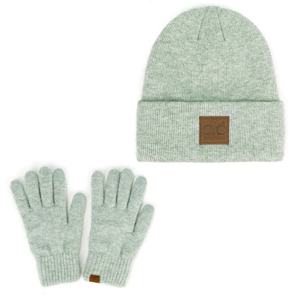 C.C Unisex Eco Classic Cuff Skull Cap Winter Knit Beanie & Touchscreen Glove Set