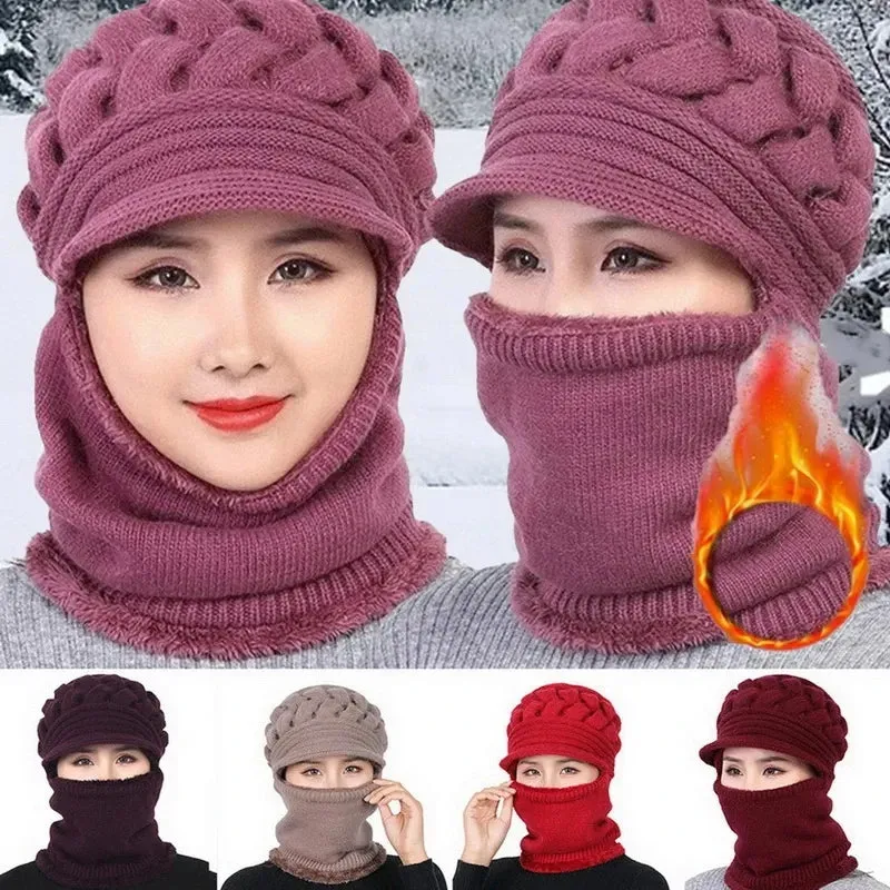 Coral Fleece Winter Cycling Hat Beanies Women's Hat Scarf Warm Windbreak Wool Knitted Hat For Women Double Layers Protection Cap