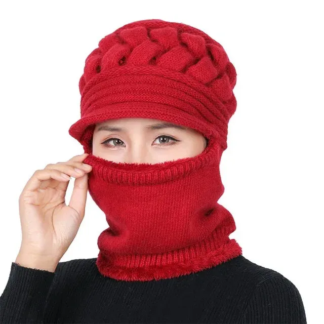 Coral Fleece Winter Cycling Hat Beanies Women's Hat Scarf Warm Windbreak Wool Knitted Hat For Women Double Layers Protection Cap