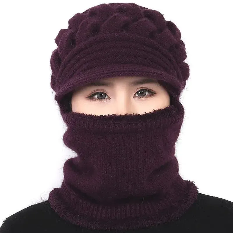 Coral Fleece Winter Cycling Hat Beanies Women's Hat Scarf Warm Windbreak Wool Knitted Hat For Women Double Layers Protection Cap