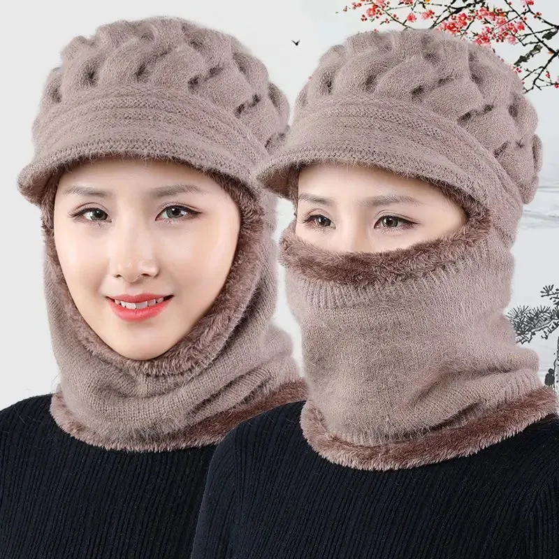 Coral Fleece Winter Cycling Hat Beanies Women's Hat Scarf Warm Windbreak Wool Knitted Hat For Women Double Layers Protection Cap