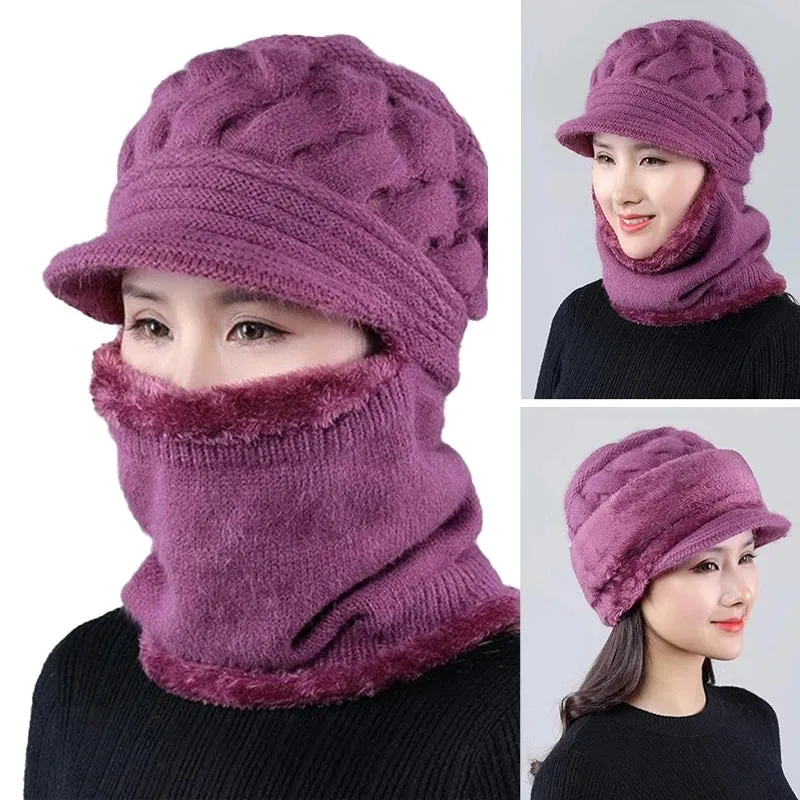 Coral Fleece Winter Cycling Hat Beanies Women's Hat Scarf Warm Windbreak Wool Knitted Hat For Women Double Layers Protection Cap