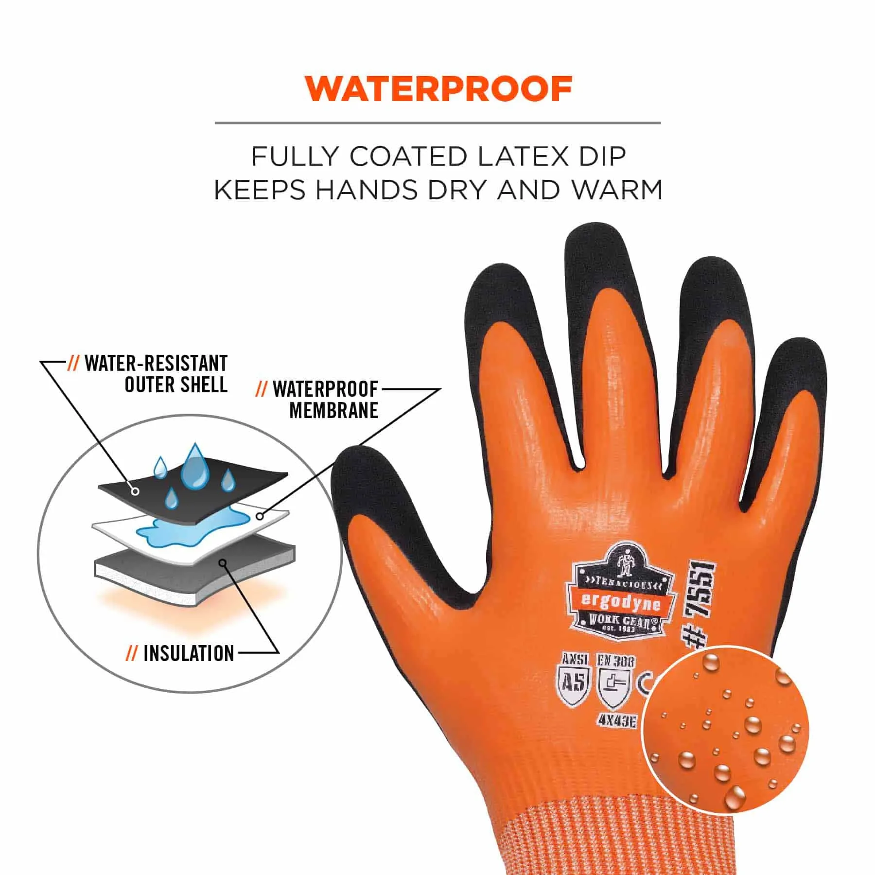 Ergodyne 17995 7551-CASE XL Orange ANSI A5 Coated Waterproof CR Gloves 144-Pair