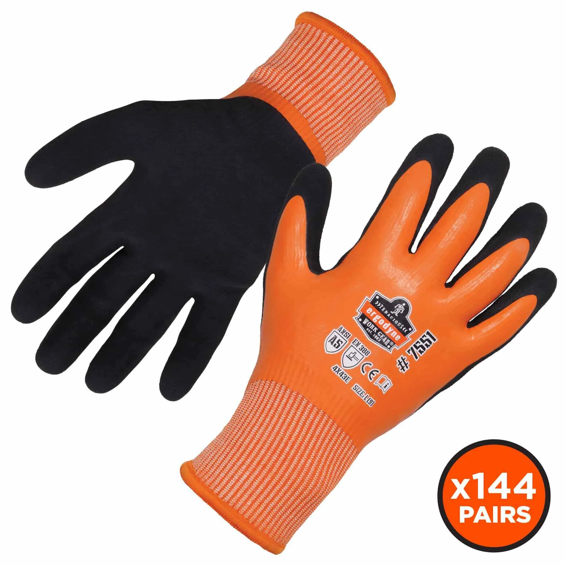 Ergodyne 17996 7551-CASE 2XL Orange ANSI A5 Coated Waterproof CR Gloves 144-Pair