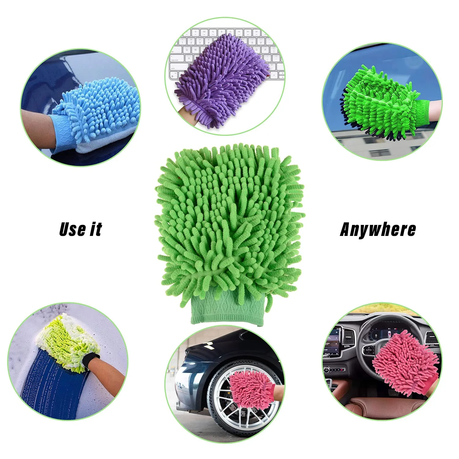 Heart Home Chenille Mitts|Microfiber Cleaning Gloves|Inside Waterproof Cloth Gloves|100 Gram Weighted Hand Duster|Chenille Gloves for Car|Glass|Pack of 2 (Green)