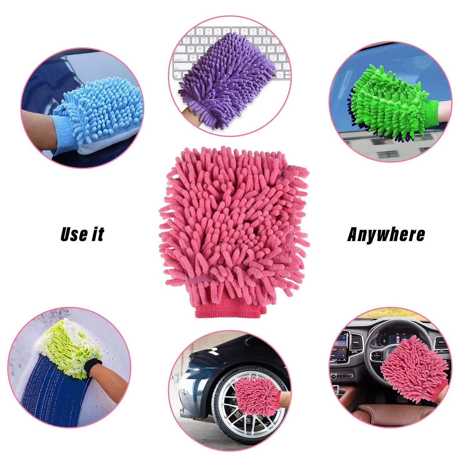 Heart Home Chenille Mitts|Microfiber Cleaning Gloves|Inside Waterproof Cloth Gloves|100 Gram Weighted Hand Duster|Chenille Gloves for Car|Glass|Pack of 2 (Pink)