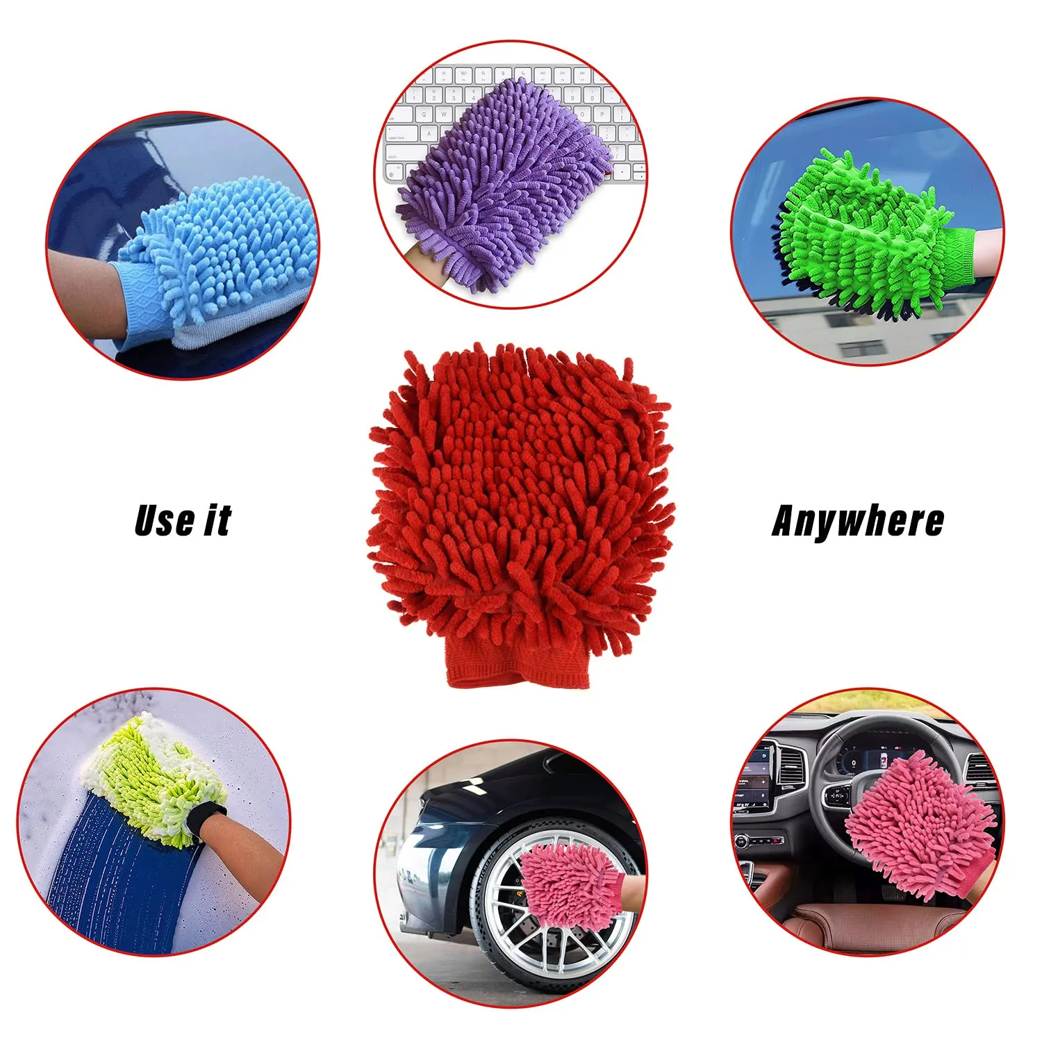 Heart Home Chenille Mitts|Microfiber Cleaning Gloves|Inside Waterproof Cloth Gloves|100 Gram Weighted Hand Duster|Chenille Gloves for Car|Glass|Pack of 2 (Purple & Red)