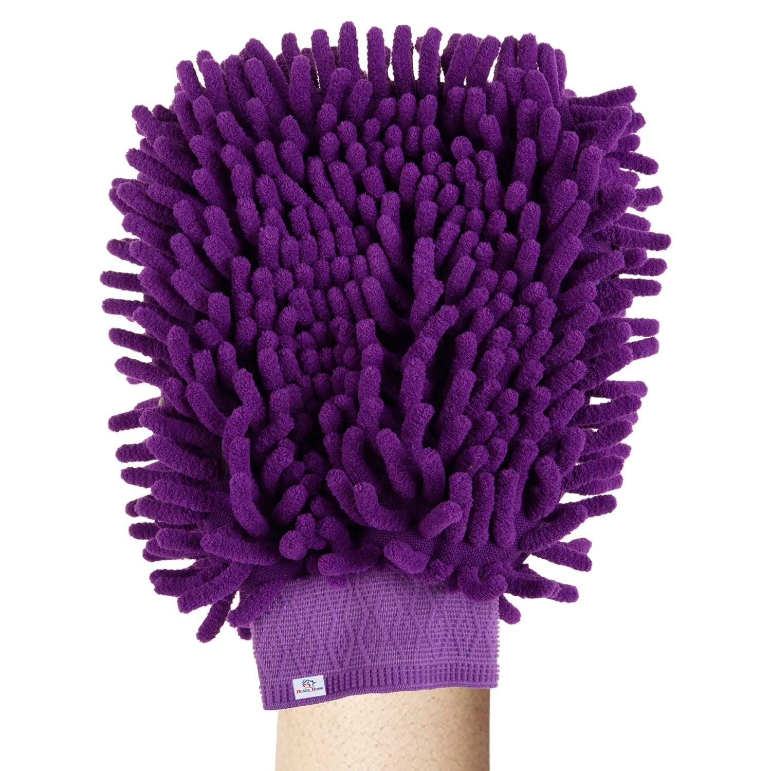 Heart Home Chenille Mitts|Microfiber Cleaning Gloves|Inside Waterproof Cloth Gloves|100 Gram Weighted Hand Duster|Chenille Gloves for Car|Glass|Pack of 2 (Purple & Red)