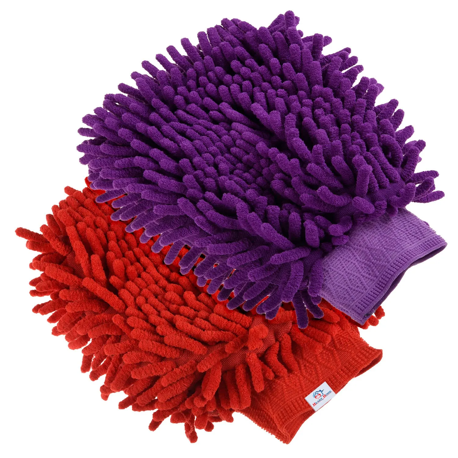 Heart Home Chenille Mitts|Microfiber Cleaning Gloves|Inside Waterproof Cloth Gloves|100 Gram Weighted Hand Duster|Chenille Gloves for Car|Glass|Pack of 2 (Purple & Red)