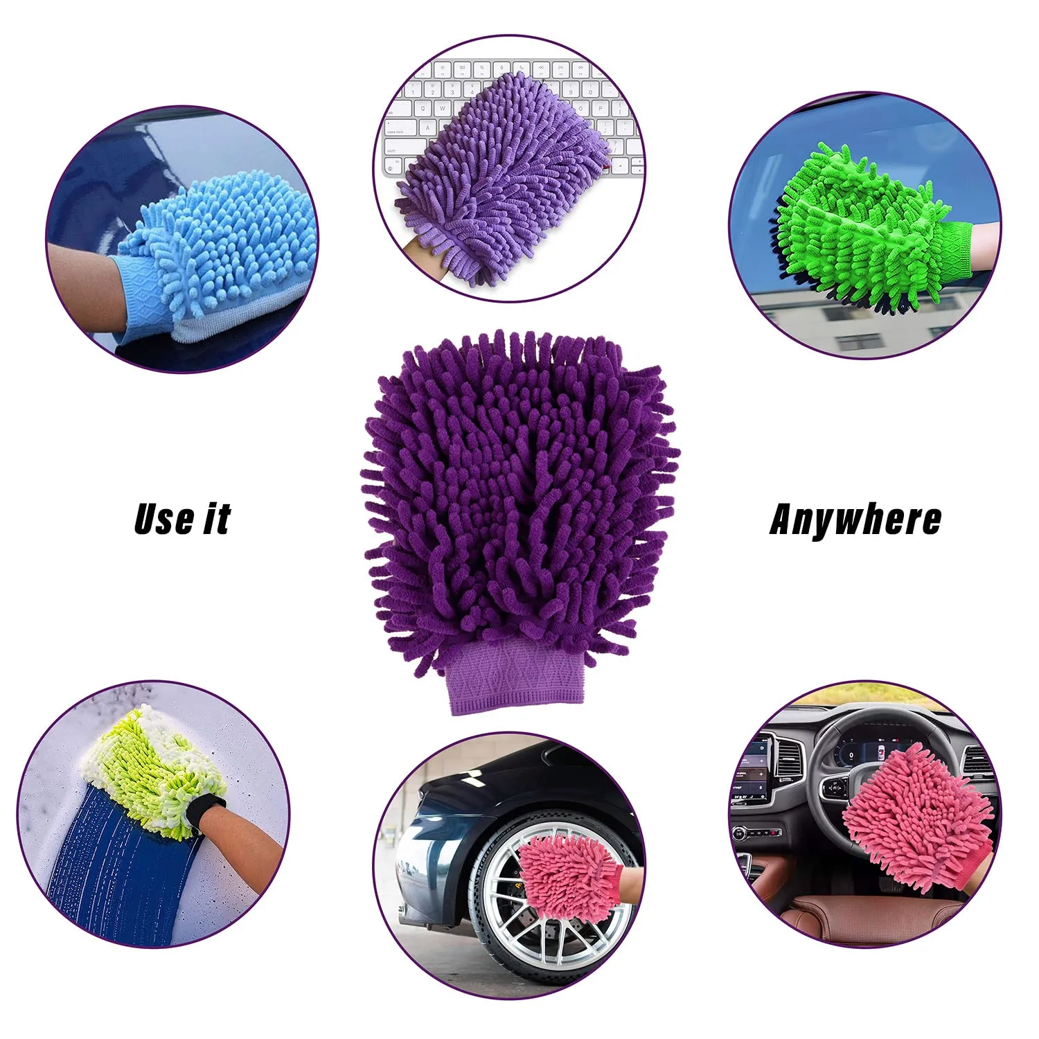 Heart Home Chenille Mitts|Microfiber Cleaning Gloves|Inside Waterproof Cloth Gloves|100 Gram Weighted Hand Duster|Chenille Gloves for Car|Glass|Pack of 3 (Purple)