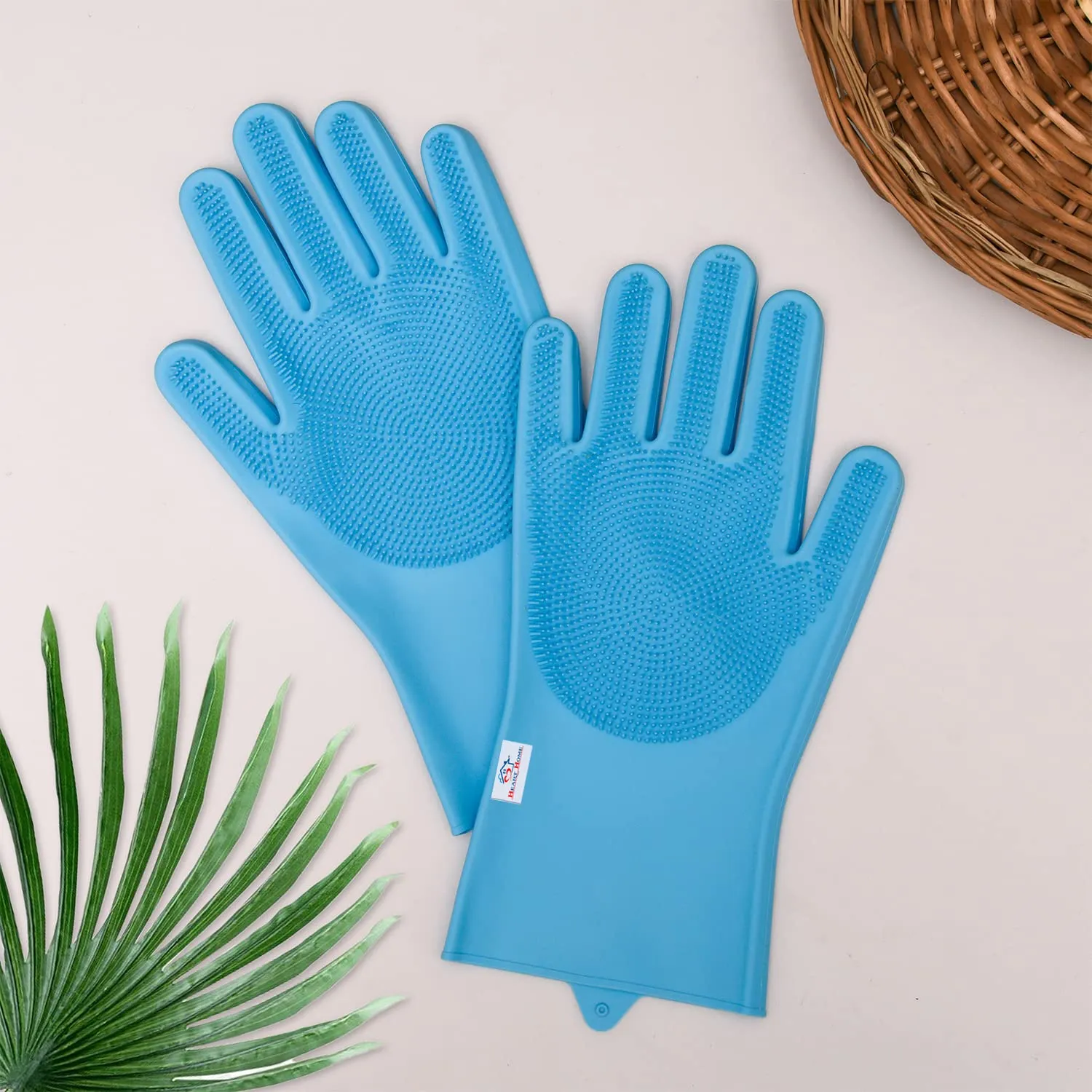 Heart Home Kitchen Gloves|Silicone Kitchen Dish Washing Gloves|Scrubbing Gloves For Kitchen|Car Cleaning Gloves|Bathroom Cleaning Gloves|1 Pair (Sky Blue)