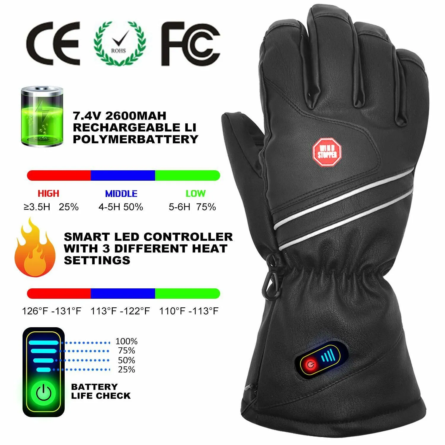 Heated Leather Gloves Rechargeable Battery ,winter Motorcycle Ski Hunting Riding