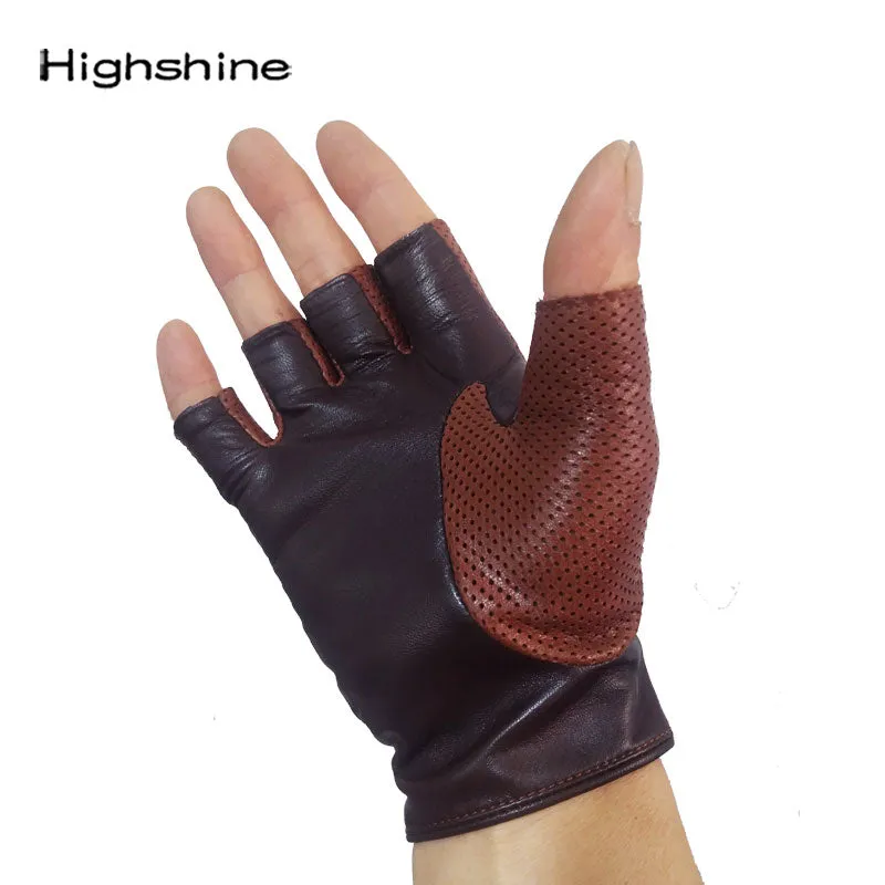 Highshine Men's Unlined Soft Half Finger Best Car Driving Leather Gloves Mest