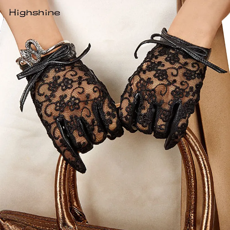 HIGHSHINE Woman Summer Elegant Lace  Back Bow With Wrist Button Italian Napa Lamb Leather Car Driving Gloves