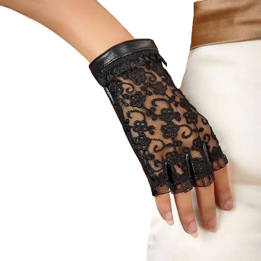 HIGHSHINE Women Genuine Leather Lace Half Finger Driving Gloves Dancing