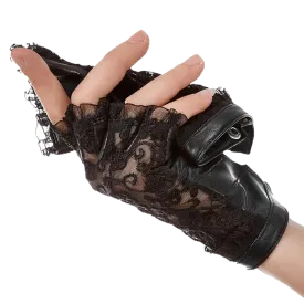 HIGHSHINE Women Genuine Leather Lace Half Finger Driving Gloves Dancing