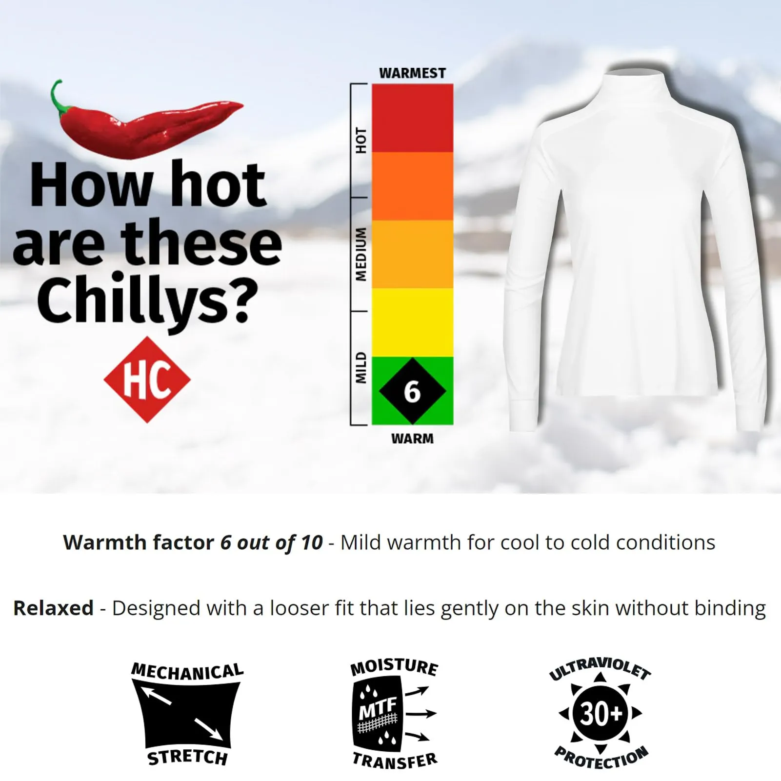 Hot Chillys Wopeach Skins Solid T-Neck Womens White Large