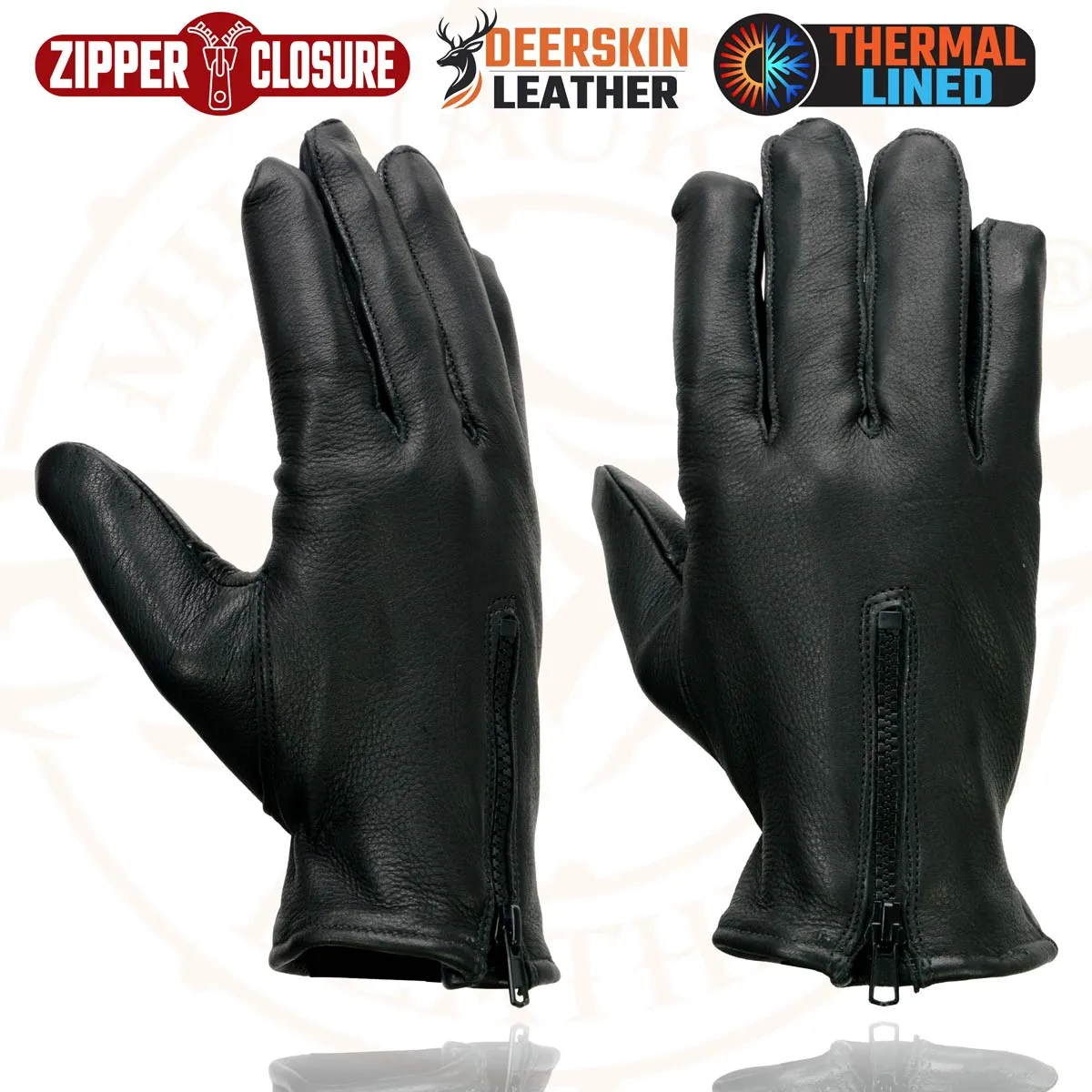 Milwaukee Leather SH866 Men's Black Thermal Lined Deerskin Motorcycle Hand Gloves W/ Wrist Zipper Closure