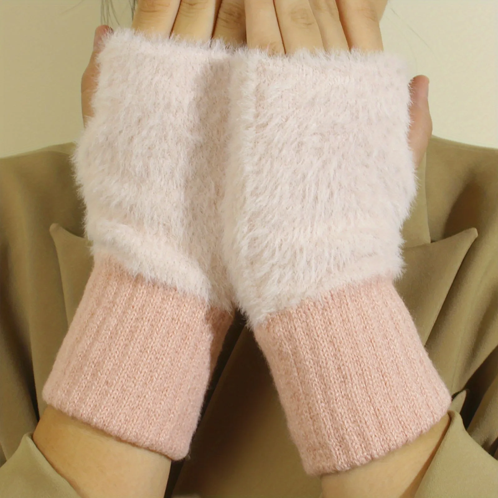 Monochrome Plush Half Finger Gloves Elegant Simple Knitted Cuff Women's Gloves Autumn Winter Coldproof Warmer Gloves