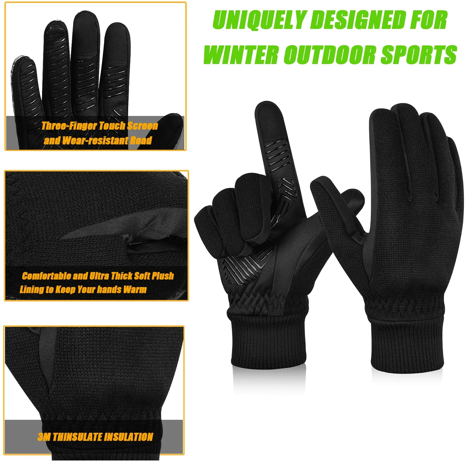 MOREOK Winter Gloves, -10°F 3M Thinsulate, Warm Cycling and Driving Gloves, Black, Size Medium