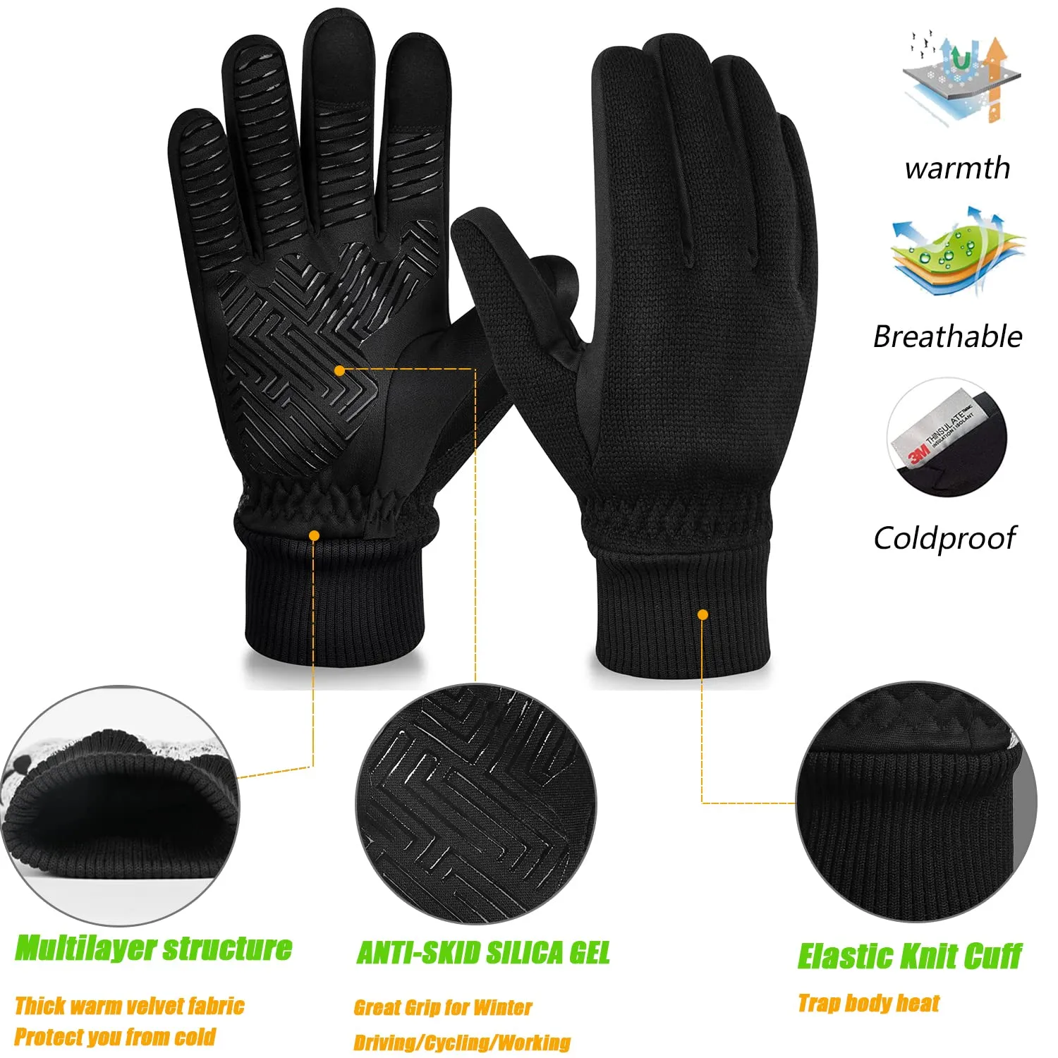 MOREOK Winter Gloves, -10°F 3M Thinsulate, Warm Cycling and Driving Gloves, Black, Size Medium