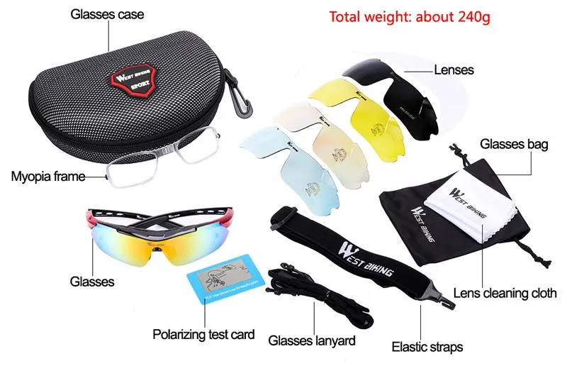 Professional Windproof and Anti-fog Polarized Cycling Sun Glasses 5 Lens