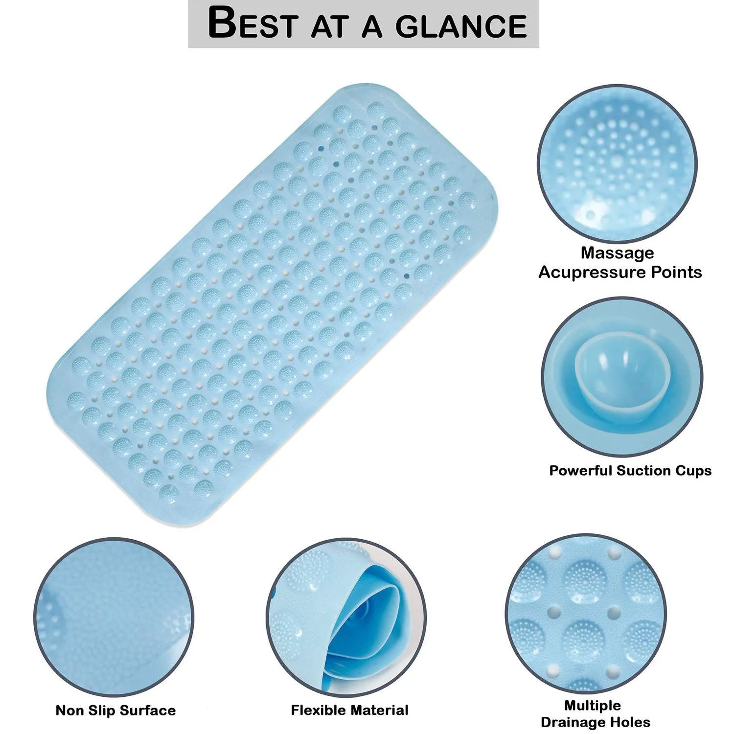 PVC Shower Mat Anti-Slip with Massage Acupressure Points, 36x71 cm, Blue