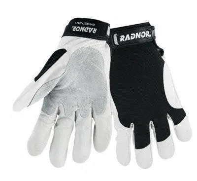 Radnor 2X Full Finger Grain Goatskin Mechanics Gloves With Hook And Loop Cuff, Leather Palm And Thumb Reinforcement, Spandex Back And Reinforced Fingertips