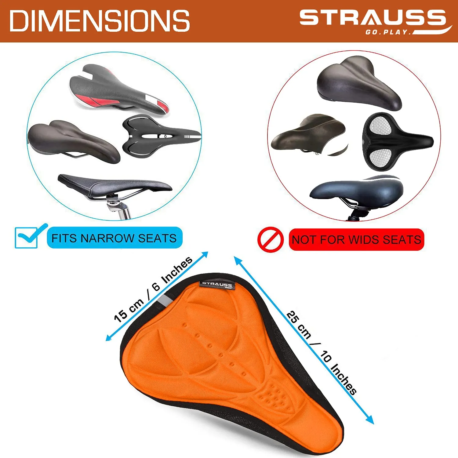 Strauss Saddle Seat Cover with Anti-Slip Granules & Soft, Thick Padding | Superior Comfort, Breathable Design | Comes with Adjustable Rope Straps & Fits All Cycles, (Orange)