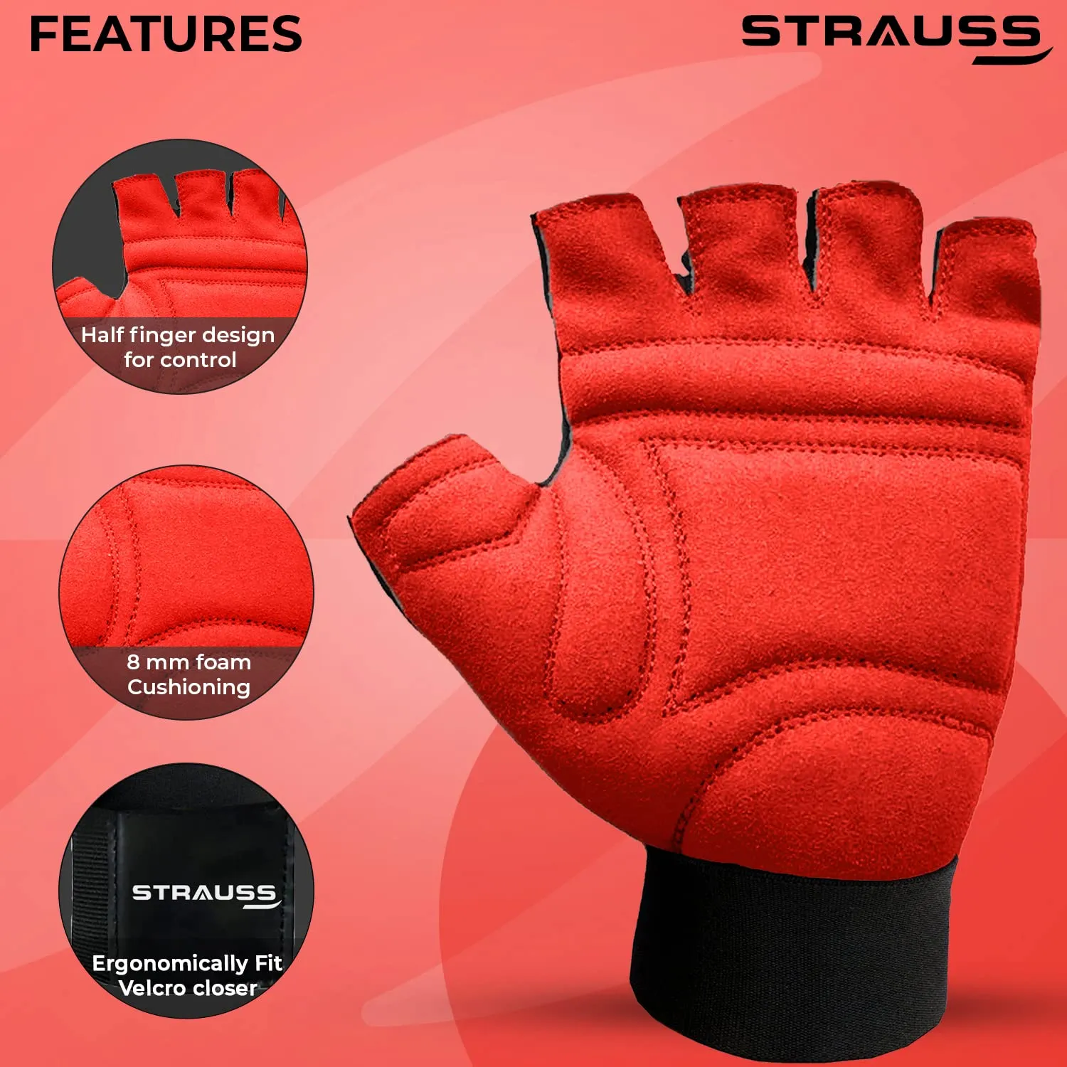 STRAUSS Suede Gym Gloves for Weightlifting, Training, Cycling, Exercise & Gym | Half Finger Design, 8mm Foam Cushioning, Anti-Slip & Breathable Lycra Material, (Red/Black), (Extra Large)