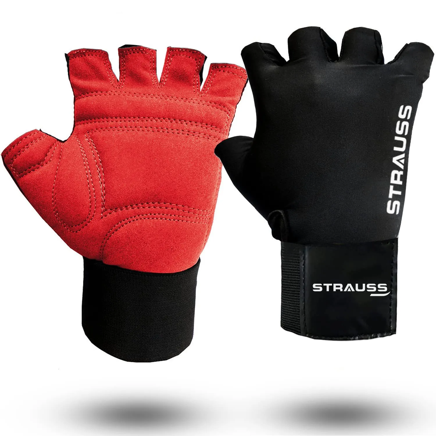 STRAUSS Suede Gym Gloves for Weightlifting, Training, Cycling, Exercise & Gym | Half Finger Design, 8mm Foam Cushioning, Anti-Slip & Breathable Lycra Material, (Red/Black), (Extra Large)