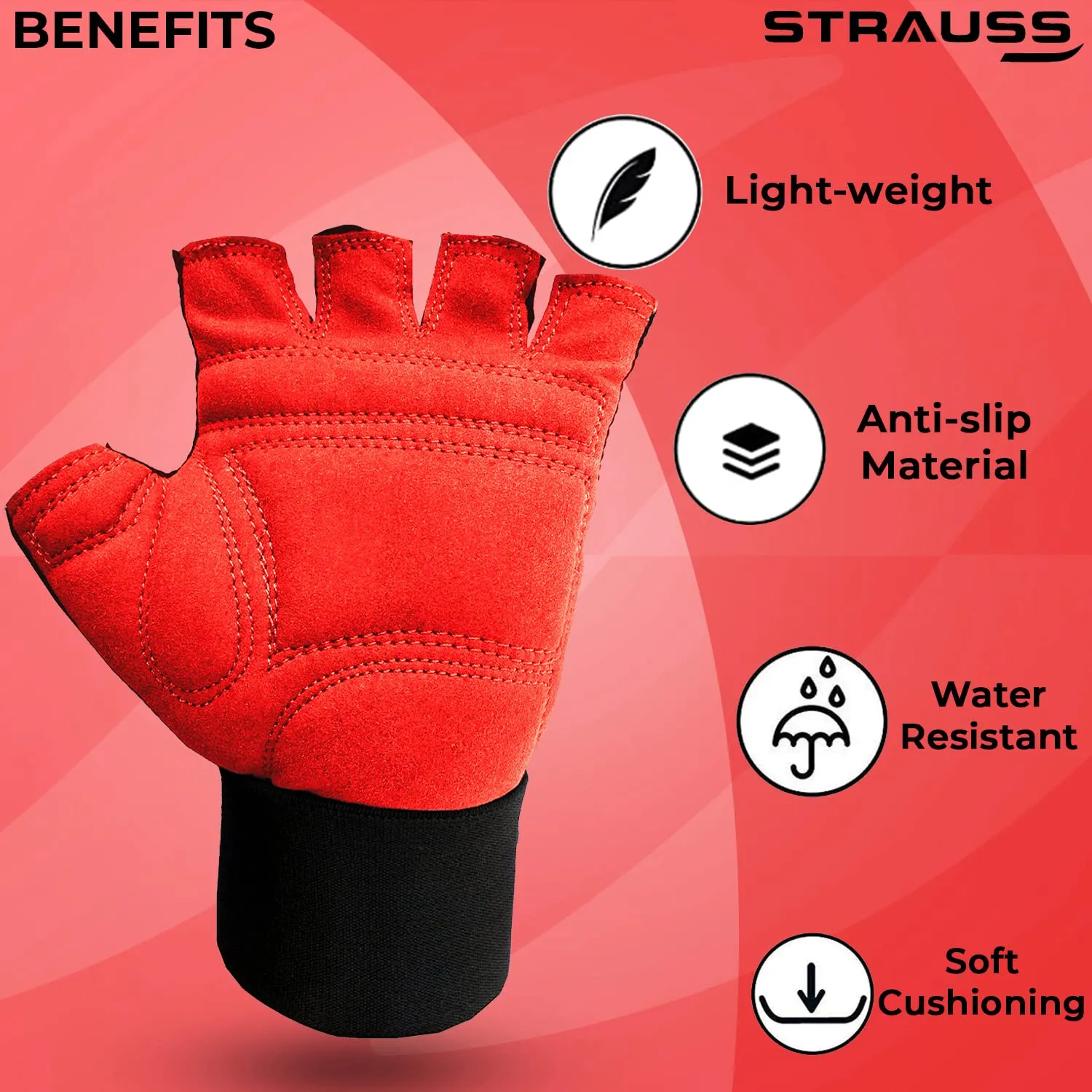 STRAUSS Suede Gym Gloves for Weightlifting, Training, Cycling, Exercise & Gym | Half Finger Design, 8mm Foam Cushioning, Anti-Slip & Breathable Lycra Material, (Red/Black), (Small)