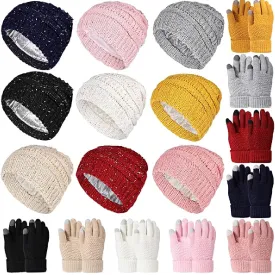 Suhine 18 Pcs Winter Hat and Glove Set 9 Pcs Warm Satin Lined Knitted Beanie