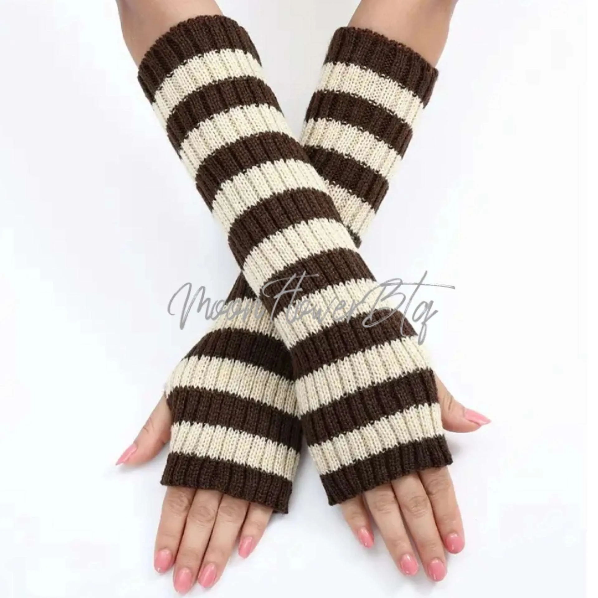 Tan Brown Long Ribbed Knit Fingerless Gloves