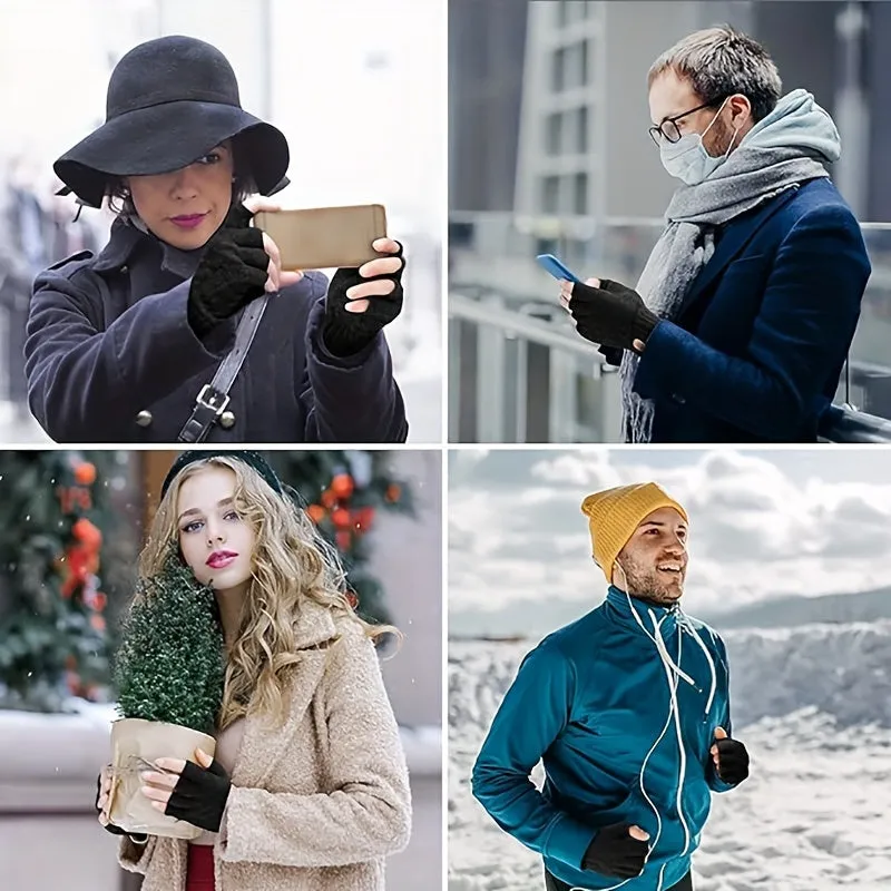 Touchscreen-Compatible Half Finger Gloves - Warm, Stretchy Knit Winter Mittens for Men and Women