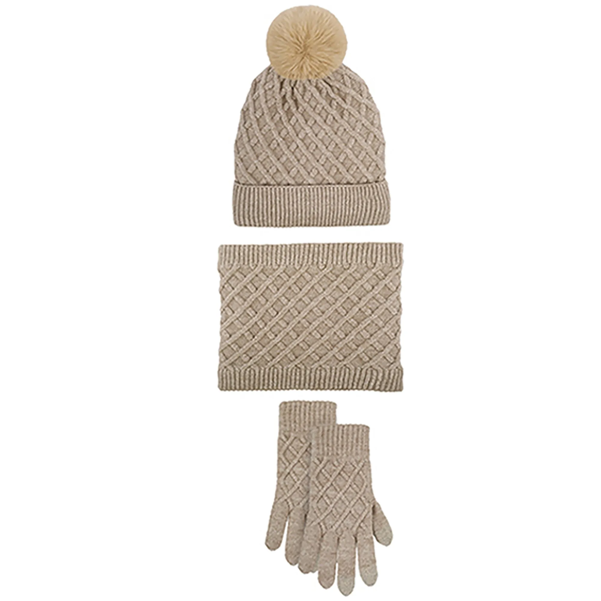 Unisex Winter Pom Pom Beanie Hat, Infinity Scarf and Glove Set