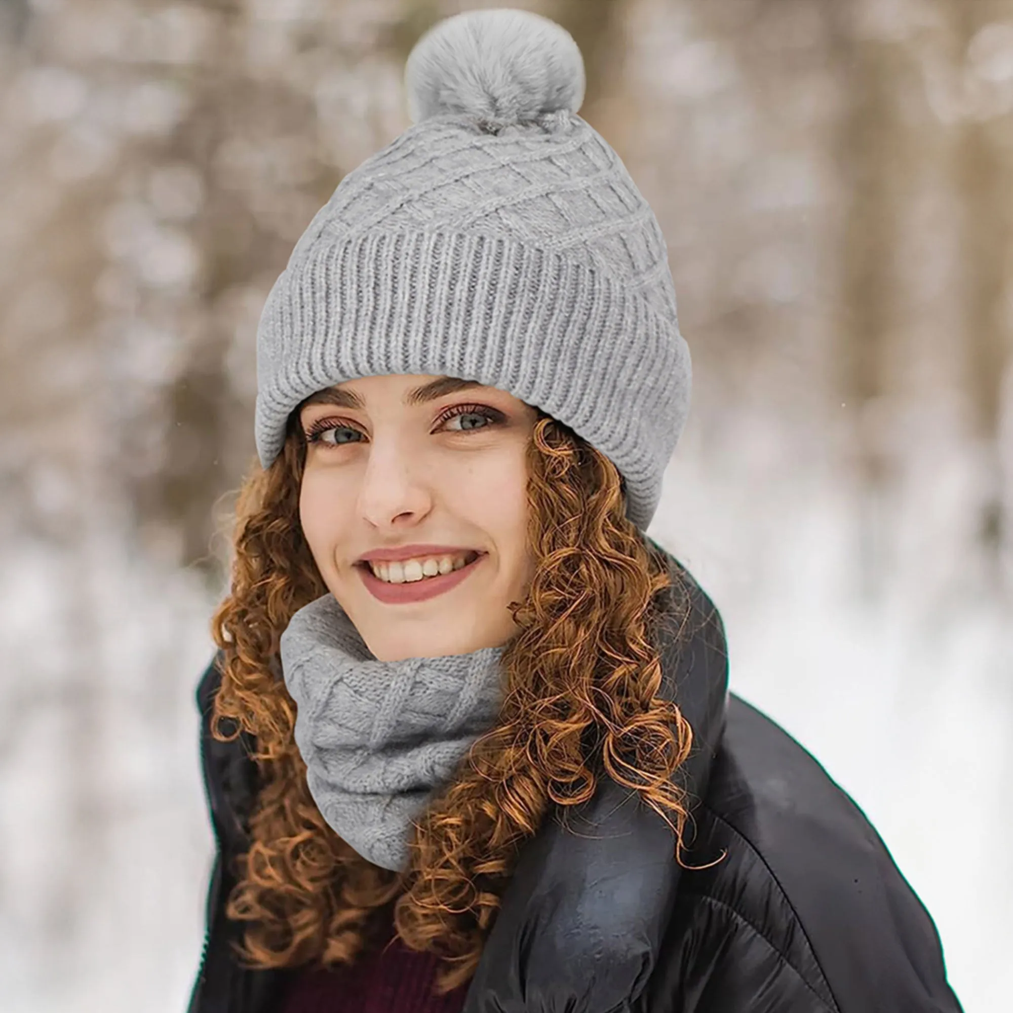 Unisex Winter Pom Pom Beanie Hat, Infinity Scarf and Glove Set