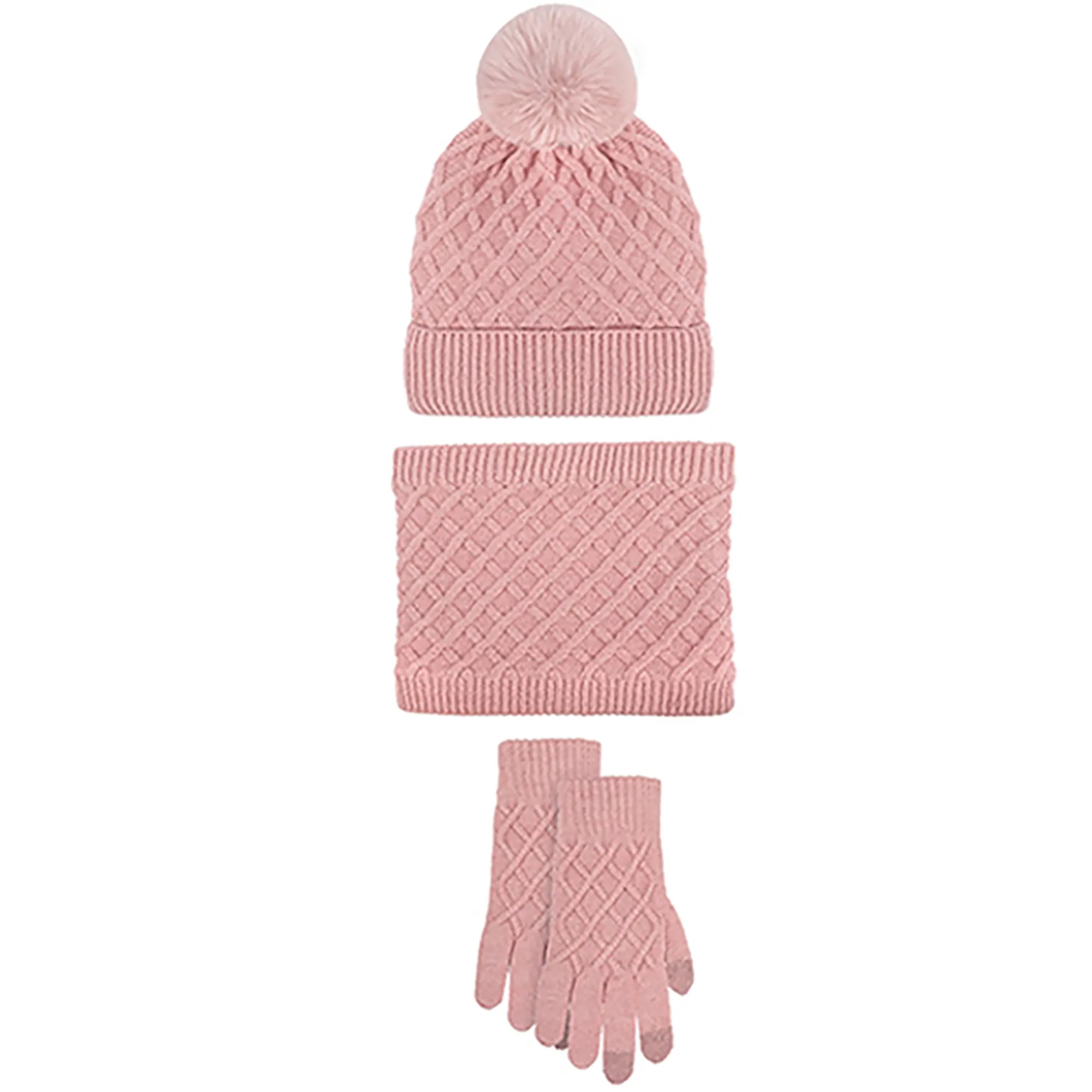 Unisex Winter Pom Pom Beanie Hat, Infinity Scarf and Glove Set