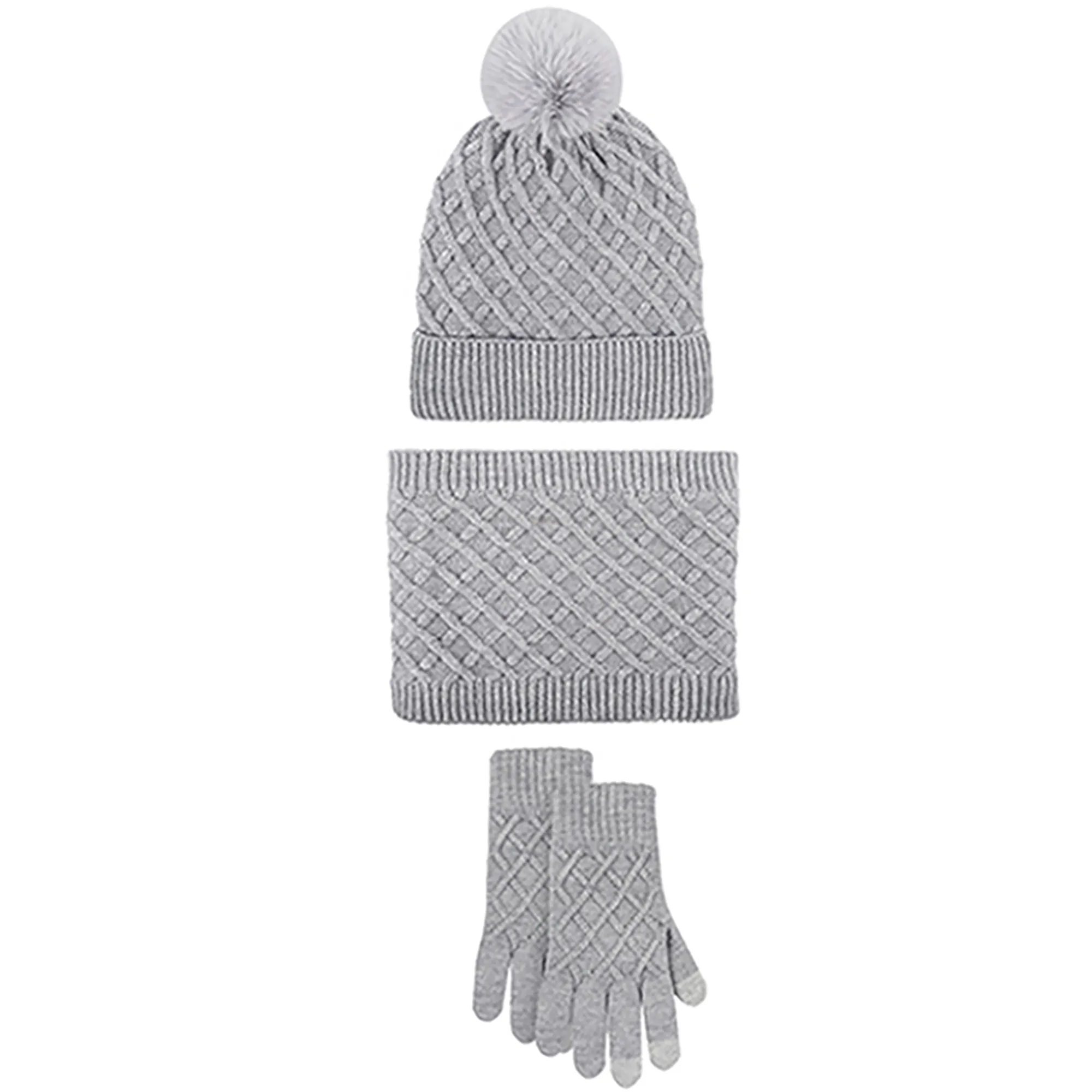 Unisex Winter Pom Pom Beanie Hat, Infinity Scarf and Glove Set