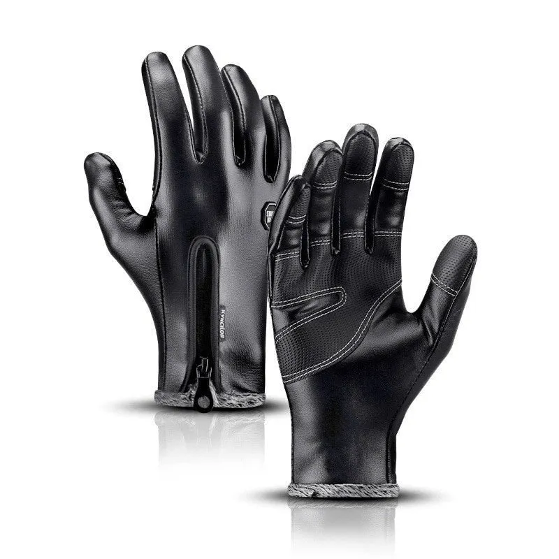 Warm Thermal Fleece Leather Ski Gloves With Zipper