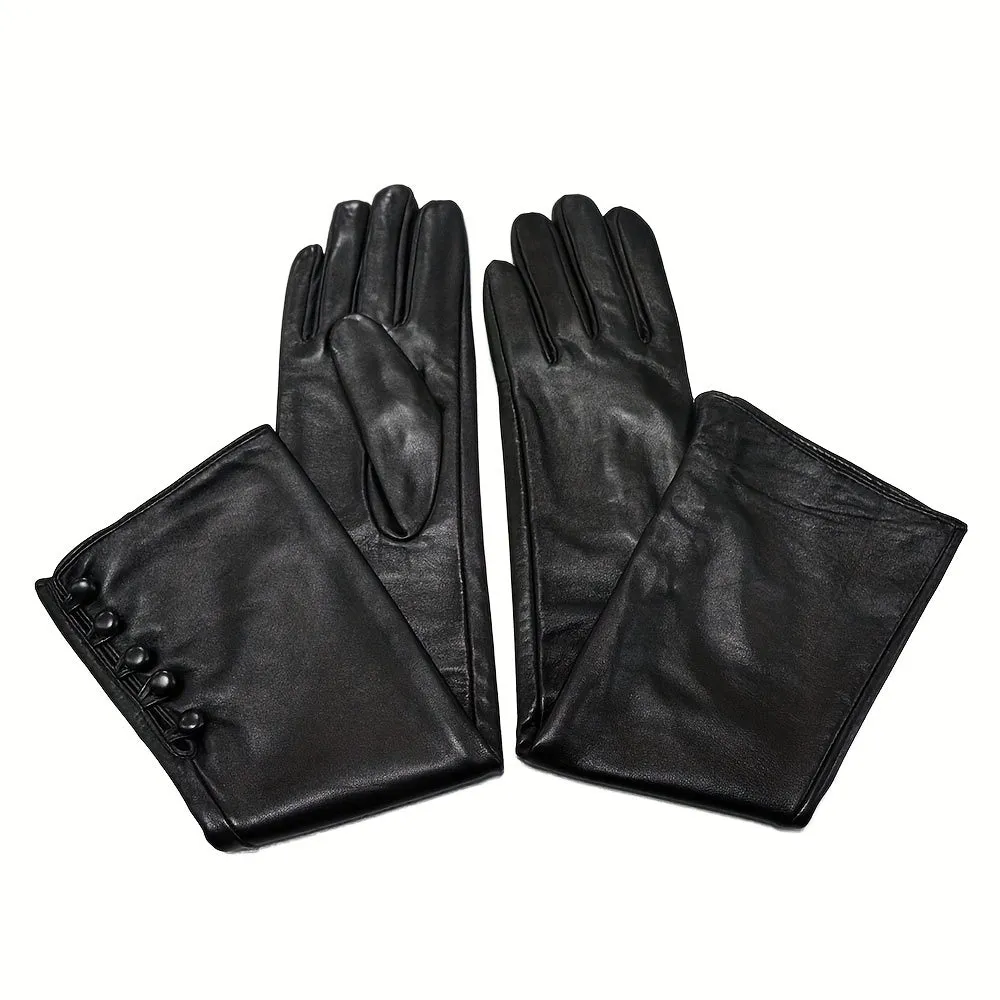 Womens Luxurious Black Leather Long Gloves - Wool Lined, Water-Resistant & Coldproof - Perfect for Outdoor Driving in Winter