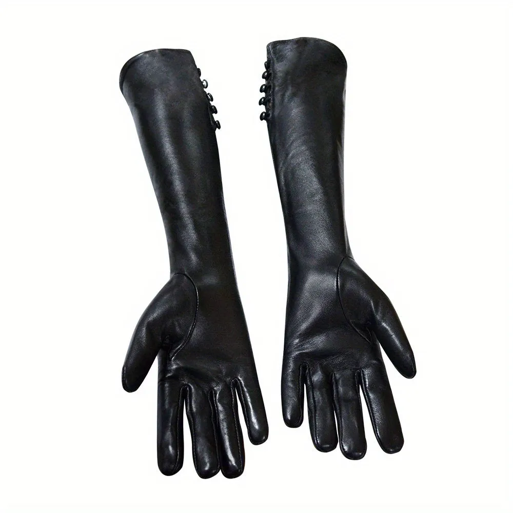 Womens Luxurious Black Leather Long Gloves - Wool Lined, Water-Resistant & Coldproof - Perfect for Outdoor Driving in Winter