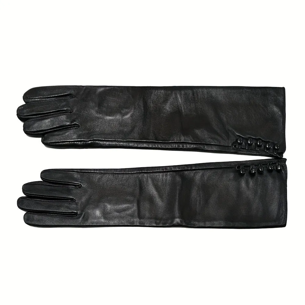 Womens Luxurious Black Leather Long Gloves - Wool Lined, Water-Resistant & Coldproof - Perfect for Outdoor Driving in Winter