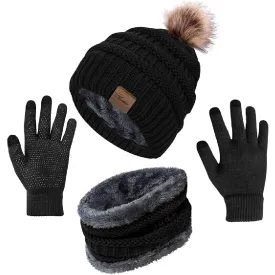 Womens Winter Hat Scarf Touch Screen Gloves Set 3 Pcs | Warm Knit Fleece